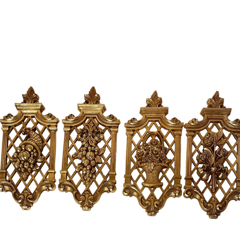 Vintage Wall Plaques Ornate Regency Dart 1971 Gold Spring Floral Fall Bounty 4pc